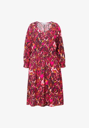 Blomsterprintet kjole med nuancer af pink, rød og orange. V-udskæring, lange ærmer og elastisk talje for en afslappet pasform.