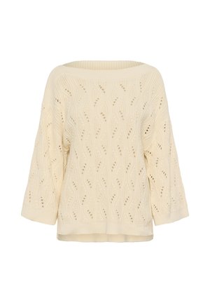 Kremno barvana pletena jopica z širokim žametnim izrezom in valovitim odprtim vzorcem kabelskega pletenja na telesu in širokih rokavih.