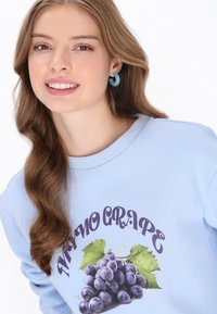 Sudadera azul con un gráfico de uvas, cuello redondo y puños acanalados. La modelo lleva pendientes de aro en color verde azulado y tiene el cabello largo y ondulado.