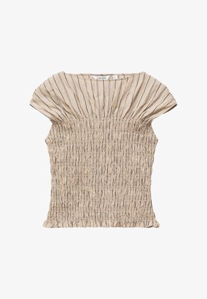 Blusa beige de manga corta con rayas negras verticales y detalles elásticos fruncidos en el cuerpo y las mangas.