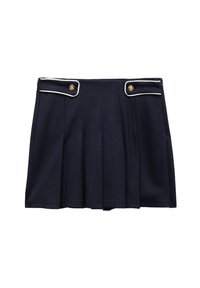 Jupe plissée bleu marine en tissu, avec un liseré blanc au niveau de la taille et deux accents de boutons dorés sur les poches avant.