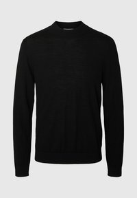 Schwarzer Langarmpullover mit Rundhalsausschnitt; aus leichtem Material gefertigt, mit glatter Textur und einem einfachen, minimalistischen Design.