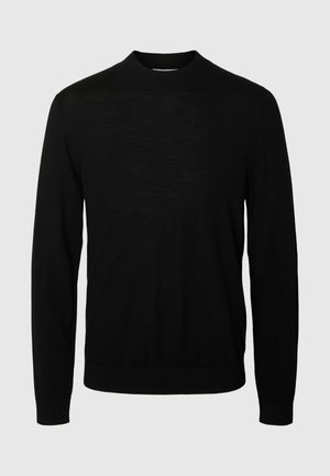 Schwarzer Langarmpullover mit Rundhalsausschnitt; aus leichtem Material gefertigt, mit glatter Textur und einem einfachen, minimalistischen Design.