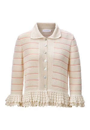 Cream knit button-up cardigan with pink stripes, ruffled cuffs and hem, and a pointed collar.