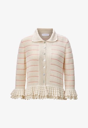 Cream knit button-up cardigan with pink stripes, ruffled cuffs and hem, and a pointed collar.