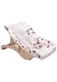 Sedia a dondolo per neonati con una base in plastica color crema e un sedile in tessuto imbottito, caratterizzato da uno sfondo bianco con pois neri e motivi colorati di palloncini.