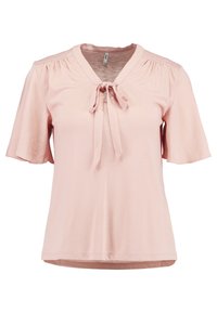 Różowy top z krótkim rękawem, dekoltem w serek i ozdobnym wiązaniem przy szyi. Wykonany z miękkiego materiału, o luźnym kroju i marszczonych ramionach.