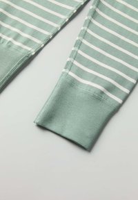 Gestreepte longsleeve shirt met een mintgroene basis en witte horizontale strepen, geribde manchetten en een zachte gebreide textuur.