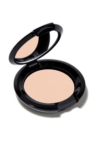 Runder Kompaktpuder mit einer glatten, cremigen beige Oberfläche, untergebracht in einem glänzenden schwarzen Gehäuse, das einen Spiegel im Deckel enthält.