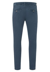Slim-fit, dark blue pants with a textured fabric. Features two angled back pockets with button closures and a classic waistband.