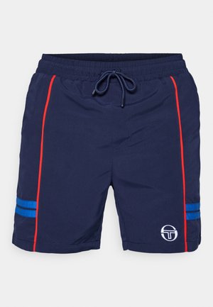 Marinefarbene Schwimmshorts aus leichtem Material, mit roten Seitenstreifen, blauen Akzenten und einem Logo. Elastischer Bund mit Kordelzugverschluss.