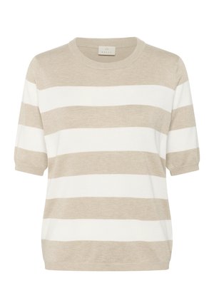 Vaale beige-ja valko-raita lyhythihainen neulepaita. Pehmeä neulemateriaali, jossa on pyöreä pääntie ja väljä malli. Saumattomat reunat hihoissa.