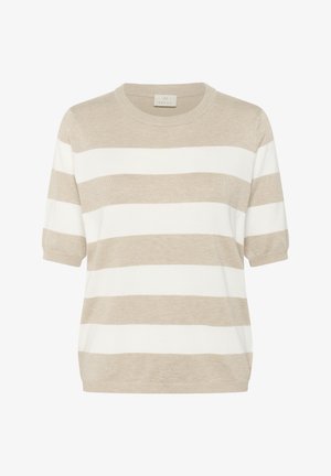 Beżowy i biały sweter w paski z krótkim rękawem. Miękki dziany materiał, okrągły dekolt i luźny krój. Bezszwowe wykończenia na rękawach.