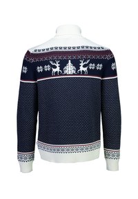 Navy- und weißer gestrickter Pullover mit hohem Kragen. Enthält Muster von Rentieren und Schneeflocken, strukturierte Gestaltung sowie gerippte Bündchen und Saum.