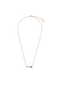 Rose gold halskæde med let krøllede "xoxo" bogstaver og en blå hjerteaccent. Kæden har en clasp med justerbar længde.