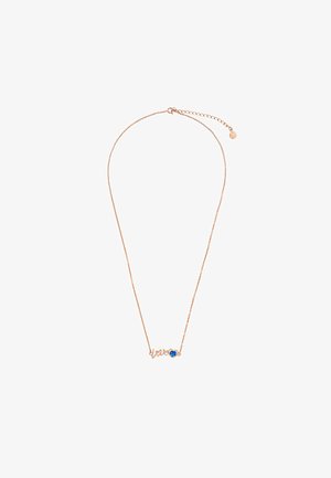 Roségold-Halskette mit geschwungenem "xoxo" Schriftzug und einem blauen Herz-Akzent. Die Kette verfügt über einen Verschluss mit verstellbarer Länge.