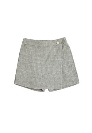 Jupe-short grise texturée avec fermeture à boutons latéraux et motif à carreaux subtil, étalée à plat sur un fond blanc.