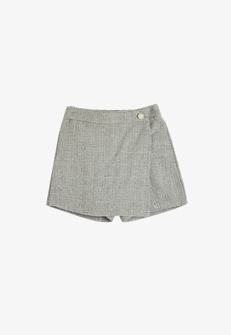 Jupe-short grise texturée avec fermeture à boutons latéraux et motif à carreaux subtil, étalée à plat sur un fond blanc.