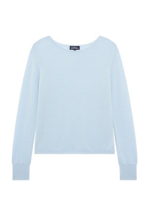 Suéter de manga larga azul claro hecho de un suave tejido de punto. Presenta un escote redondeado y puños acanalados. Diseño simple sin patrones visibles.