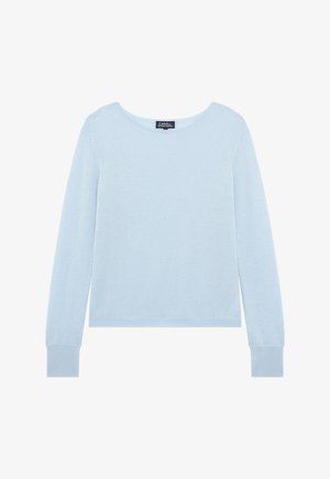 Jasnoniebieski, długi sweter z miękkiej dzianiny. Posiada okrągły dekolt i ściągacze. Prosty fason bez widocznych wzorów.