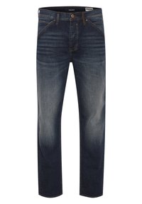 Tumedas pesus denim püksid sirge lõikega, nööbiga kinnitamine, viie tasku disain ning vaevumärgatav pleekimine reite piirkonnas.