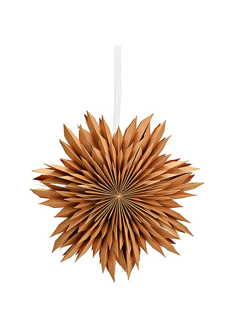 Paper decorative star in metallic brown, featuring layered points radiating from a central core, suspended by a white string.
