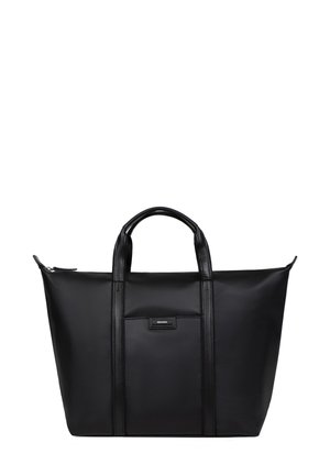 Borsa tote nera realizzata in materiale sintetico testurizzato, dotata di chiusura con zip, due manici e una tasca frontale con etichetta del marchio.