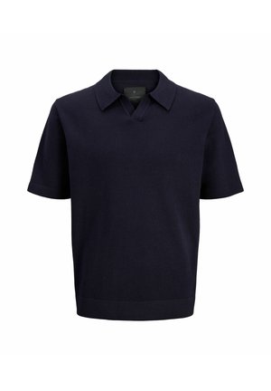 Marineblaues Polohemd mit kurzen Ärmeln aus strukturiertem Stoff, mit klassischem Kragen und leichtem V-Ausschnitt.