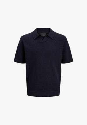 Marineblaues Polohemd mit kurzen Ärmeln aus strukturiertem Stoff, mit klassischem Kragen und leichtem V-Ausschnitt.