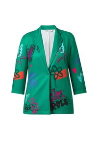 Groene blazer met een gestructureerd ontwerp, voorzien van verschillende kleurrijke grafische prints, waaronder harten en sterren. Gemaakt van een gladde stof.