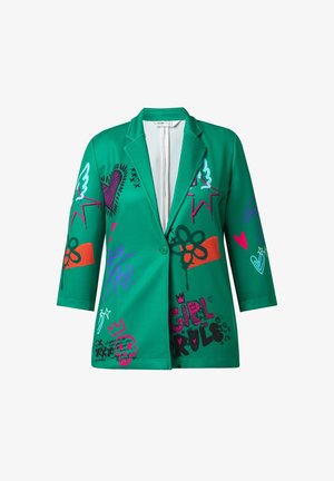 Green blazer with a structured design, featuring various colorful graphic prints, including hearts and stars. Made from a smooth fabric.