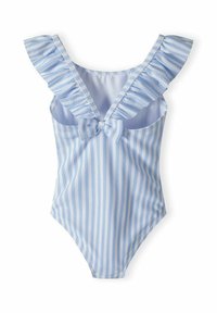 Maillot de bain une pièce à rayures bleu clair et blanches, doté de bretelles à volants et d'un détail en forme de nœud à l'arrière. Tissu texturé.