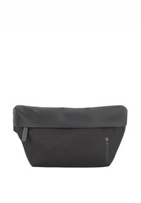 Czarny materiałowy woreczek z matową, usztywnioną podstawą i gładką, lekko błyszczącą górą. Posiada subtelne logo i złożony design.