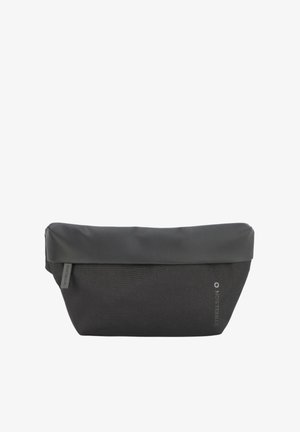 Sort stofpose med en mat, struktureret bund og en glat, let blank top. Har et diskret logo og et foldet design.