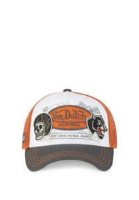 Casquette blanche avec des côtés en maillage orange et une visière gris foncé. Présente un graphic de crâne et de panthère, ainsi que le texte "Von Dutch California" en gras.