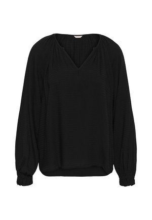 Blouse noire texturée avec un décolleté en V, des manches longues et des poignets froncés. Coupe décontractée avec des détails de motif subtils tout au long.