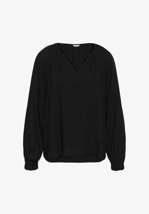 Blouse noire texturée avec un décolleté en V, des manches longues et des poignets froncés. Coupe décontractée avec des détails de motif subtils tout au long.