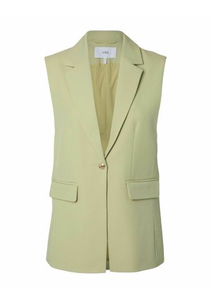Sleeveless light green blazer with notch lapels, single gold button closure, and two front flap pockets.