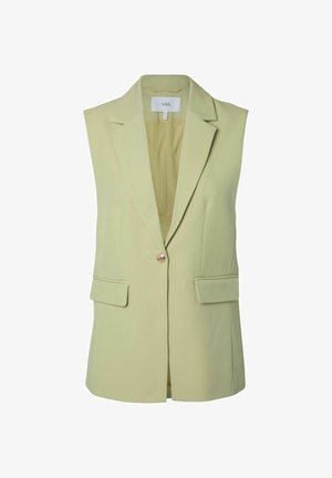 Sleeveless light green blazer with notch lapels, single gold button closure, and two front flap pockets.