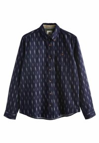 Marineblauw overhemd met knopen en een diagonaal patroon met lichtgrijze accenten. Voorzien van een borstzak en bruine knopen. Zachte stofstructuur.