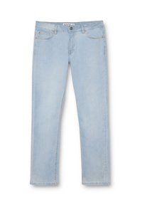 Jeans de denim azul claro con corte recto, que cuentan con cinco bolsillos y un cierre frontal de botón. La tela tiene una textura suave y lisa.