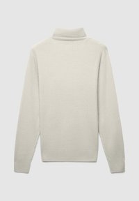 Maglione grigio chiaro e testurizzato con collare alto e maniche lunghe. Presenta un motivo a coste e polsini e orlo a maglia liscia.