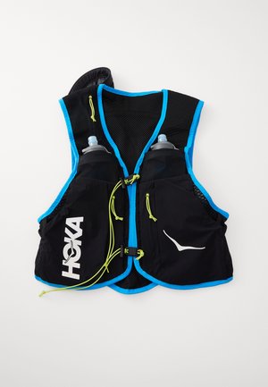 Black sports vest with blue trim, featuring two water bottles, mesh fabric, adjustable green cords, and Hoka logo on the front.