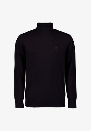 Zwarte coltrui van zacht, gebreid materiaal. Heeft lange mouwen en een klein, hexagonaal logo op de borst.