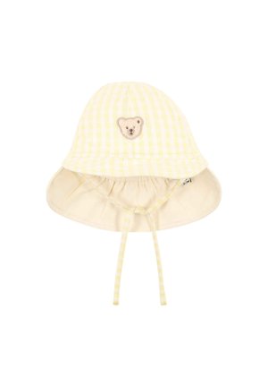 Yellow and white checkered baby sun hat with a small embroidered bear face on the front and tie straps underneath.
