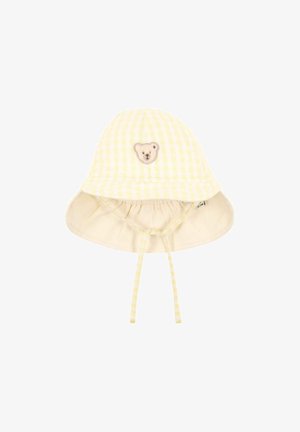 Yellow and white checkered baby sun hat with a small embroidered bear face on the front and tie straps underneath.