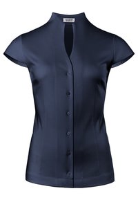Blusa a maniche corte blu navy con colletto alla cinese, caratterizzata da una chiusura frontale con bottoni e una texture di tessuto liscia. Design semplice senza motivi.