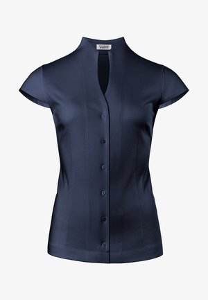 Navy blue short-sleeve blouse with a mandarin collar, featuring a button-down front and smooth fabric texture. Simple design with no patterns.