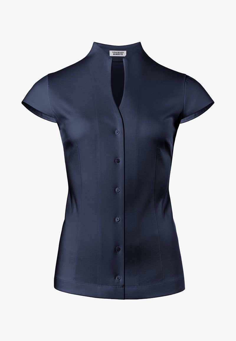 Navy blue short-sleeve blouse with a mandarin collar, featuring a button-down front and smooth fabric texture. Simple design with no patterns.