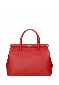 Bolso de mano de cuero rojo con una forma estructurada, dobles asas superiores y cierre de marco metálico. Presenta una superficie texturizada y un diseño minimalista.
